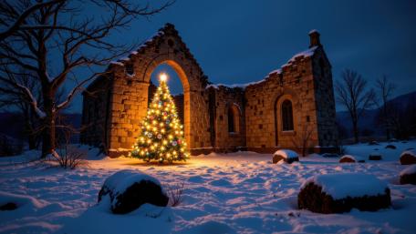 Snowy Christmas Serenity with a Glowing Tree wallpaper