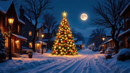 Joyful Christmas Eve in a Snowy Village Scene wallpaper