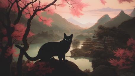 Mystical Twilight Cat in Oriental Landscape wallpaper