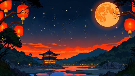 Moonlit Harmony Anime Landscape with Lanterns and Pagoda wallpaper