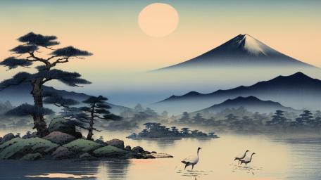 Peaceful Japan Landscape with Mount Fuji and Cranes wallpaper