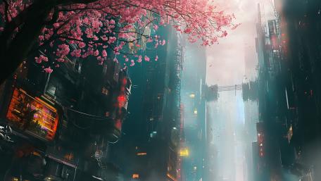 Cyberpunk Spring in a Futuristic Metropolis wallpaper