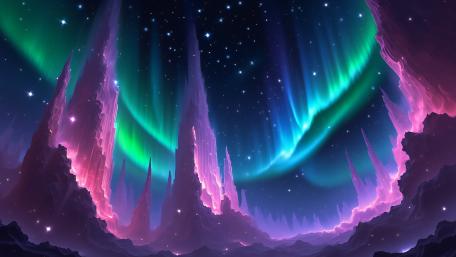 Mystical Aurora Over Enchanted Peaks wallpaper