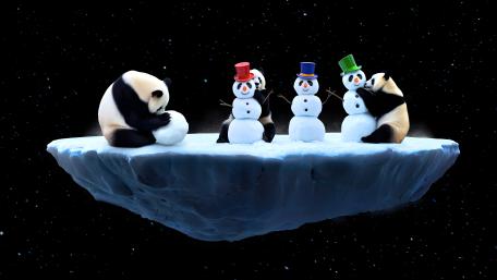 Pandas Play in Space with Snowmen Friends wallpaper