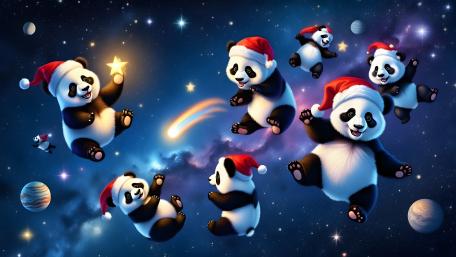 Festive Pandas Exploring the Cosmos wallpaper