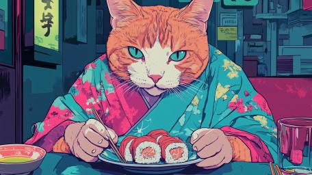 Sushi Cat's Delight in a Vibrant Kimono Setting wallpaper