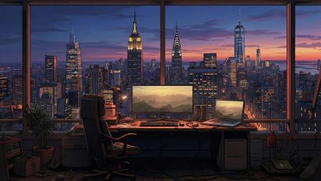 Twilight's Glow: A Lo-fi NYC Home Office wallpaper