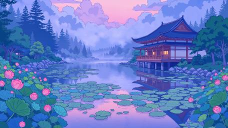 Anime Serenity Lake with Pagoda wallpaper