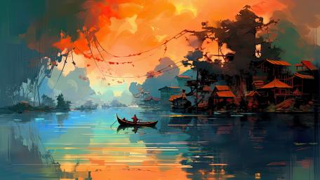 Dreamlike Oriental Landscape with Serenity in Motion wallpaper