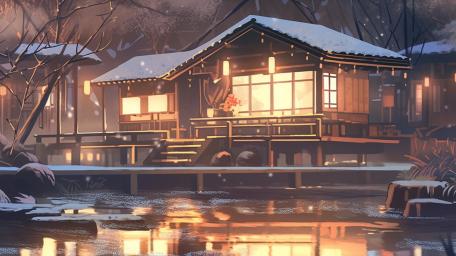 Winter Tranquility: A Serene Anime Cottage Scene wallpaper