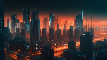 Vibrant Cityscape Under Dusk Sky Glowing Brightly wallpaper