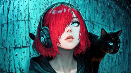 Vibrant Anime Girl with Cat in Neon Colors wallpaper