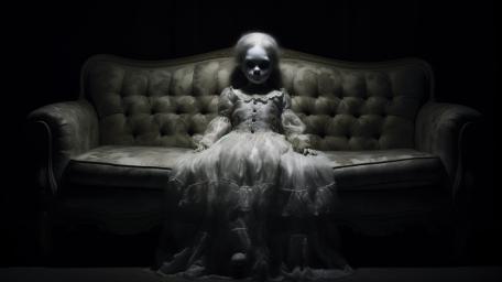 Eerie Doll on a Shadowy Sofa Wall Art wallpaper