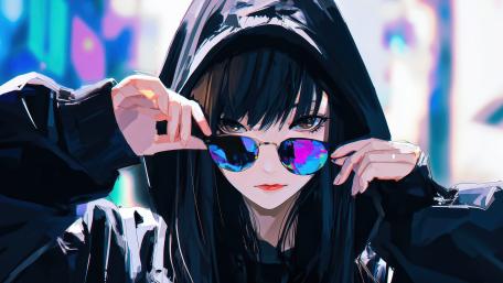 Mysterious Anime Girl in Shades and Hoodie wallpaper
