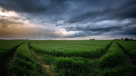 Storm Clouds Rolling Over Endless Green Farmland wallpaper