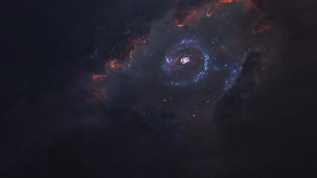 Heart of a Spiral Galaxy Drifting Through Crimson Nebula Shadows wallpaper