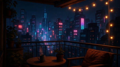 Neon Night Cityscape From a Cozy Balcony Dreamscape wallpaper