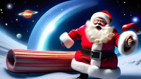 Cosmic Santa Celebration on Snowy Moonlit Planet in 5K wallpaper