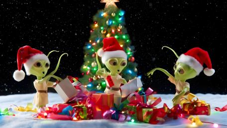 Galactic Christmas Cheer with Santa Hat Aliens and Twinkling Gifts wallpaper