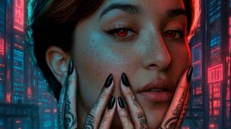 Neon Sorceress Portrait with Crimson Eyes and Tattooed Hands wallpaper