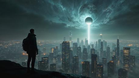 Watcher Above the Neon Skyline at Dusk wallpaper
