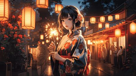 Lantern Lit Festival Night With Kimono Anime Girl Sparkler wallpaper