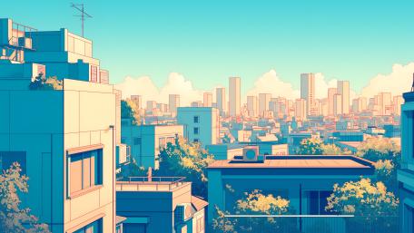 Aesthetic Anime Morning Cityscape in Retro Pastel 4K wallpaper