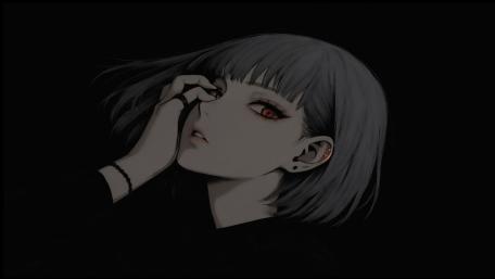 Grey Haired Anime Girl in Shadowed Black Minimalist Night Mood wallpaper