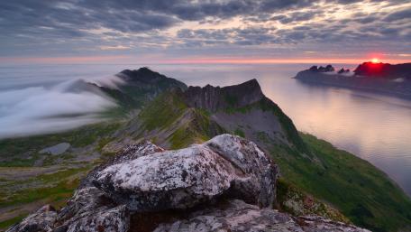 Misty Sunrise Over Senja Fjords and Jagged Mountain Ridges wallpaper