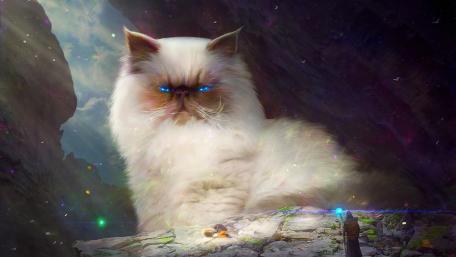 Cosmic Giant Grumpy Cat With Glowing Eyes wallpaper