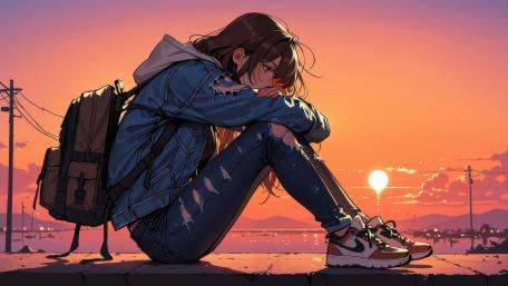 Sunset Roadside Solitude Anime Girl with Backpack and Denim Style wallpaper