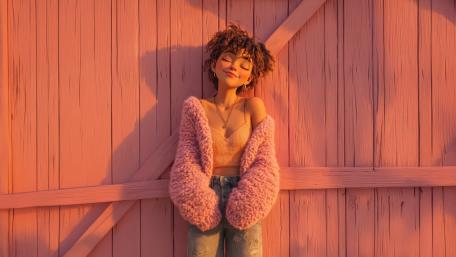 Sunlit Anime Girl with Curly Afro and Cozy Pastel Vibes wallpaper