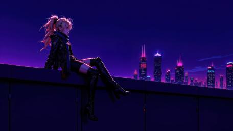 Neon Rooftop Rebel Under the Cyberpunk Night Sky wallpaper