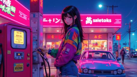 Neon Midnight Refuel Anime Girl at Retro City Gas Station wallpaper