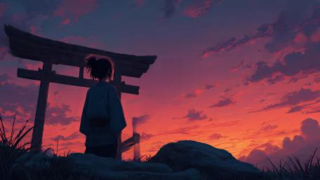 Silent Torii Afterglow with Anime Girl Under a Crimson Sunset Sky wallpaper