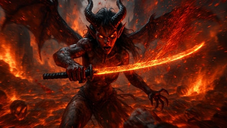 Flameblade Demoness Rising From the Inferno wallpaper