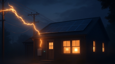 Lightning Strike Over Quiet Night House and Power Lines wallpaper