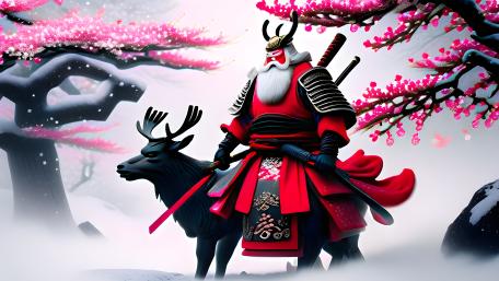 Santa Samurai and Reindeer in Cherry Blossom Snowfall 5K wallpaper