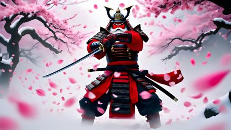 Santa Samurai Slices Through Sakura Snow in 5K wallpaper