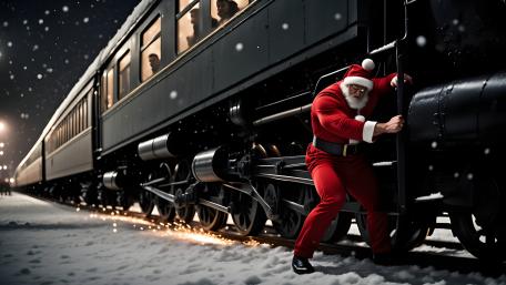 Superhero Santa Braces a Runaway Train Through a Snowy Night wallpaper