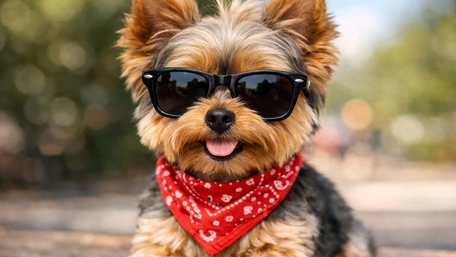Cool Yorkie Terrier in Sunglasses and Red Bandana Wallpaper wallpaper