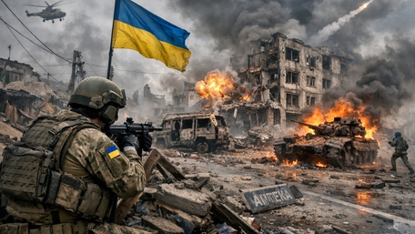 Ukrainian Infantry Advance Through Burning Ruins Under Helicopter Cover wallpaper