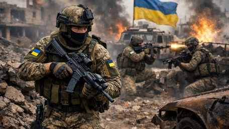 Ukrainian Infantry Holding the Line Amid Ruins and Fire wallpaper