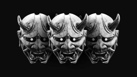 Monochrome Triple Oni Mask Guardian on Deep Black wallpaper