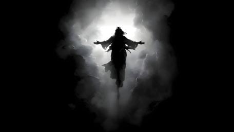 Ascendant Silhouette of Christ in Monochrome Light wallpaper
