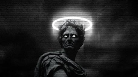 Monochrome Glitch Caesar Statue with Halo and Luminous Eyes wallpaper