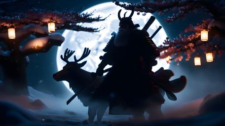 Moonlit Christmas Samurai Ride with Reindeer and Lantern Glow wallpaper