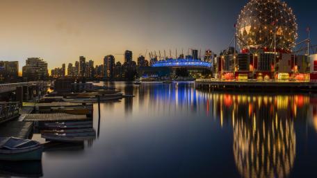 Dusk Reflections at Vancouver Science World and Skyline wallpaper