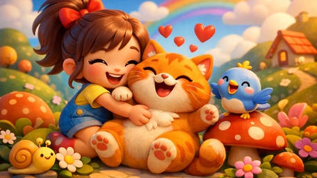 Kawaii Hugs in a Rainbow Meadow with Cat and Friends wallpaper