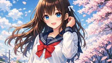 Spring Breeze Schoolgirl Smiling Beneath Cherry Blossom Skies wallpaper